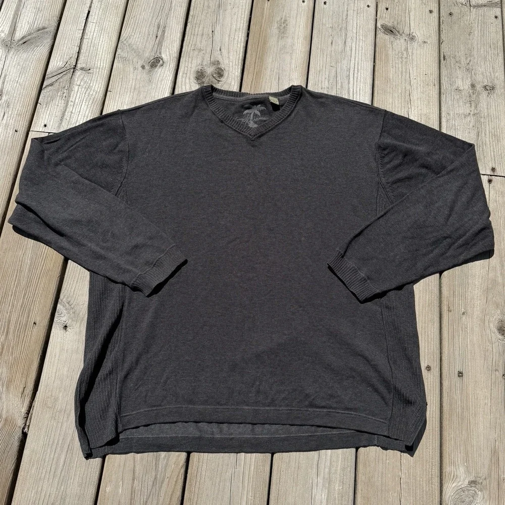 Tommy Bahama Mens Large V Neck Sweater 100% Cotton Charcoal Gray Pullover